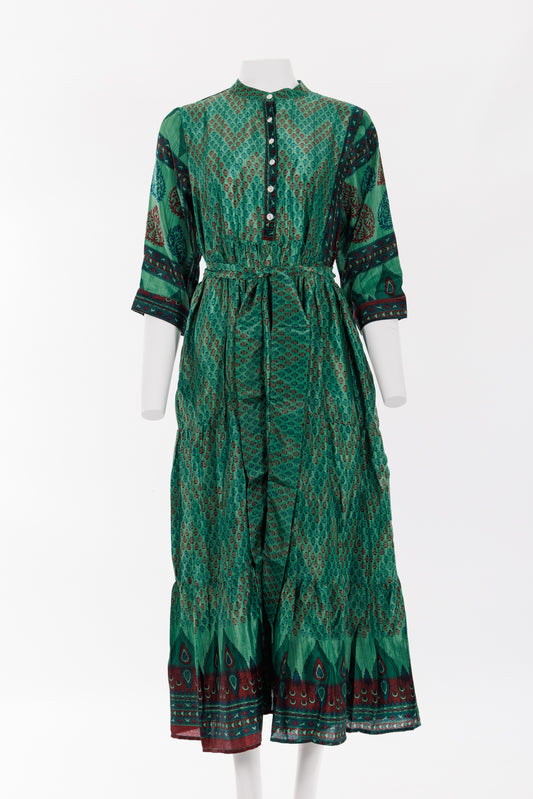 Prairie Round Neck Silk Dress Green/Burgundy Print 017
