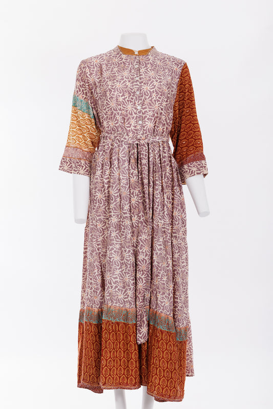 Prairie Round Neck Silk Dress Mauve/Natural Print 007