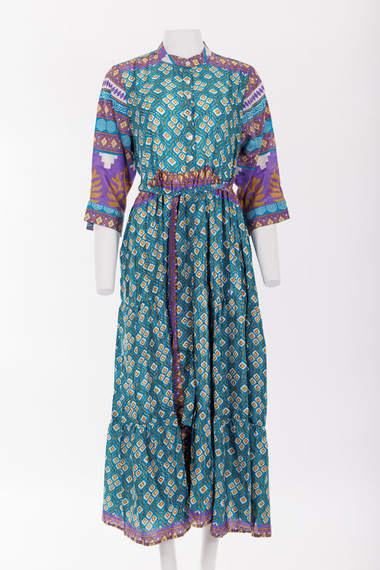 Prairie Round Neck Silk Dress Turquoise Aztec Print 006