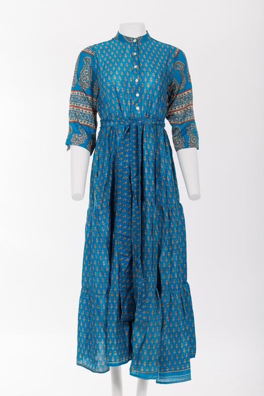 Prairie Round Neck Silk Dress S - Bright Blue Floral Print 030