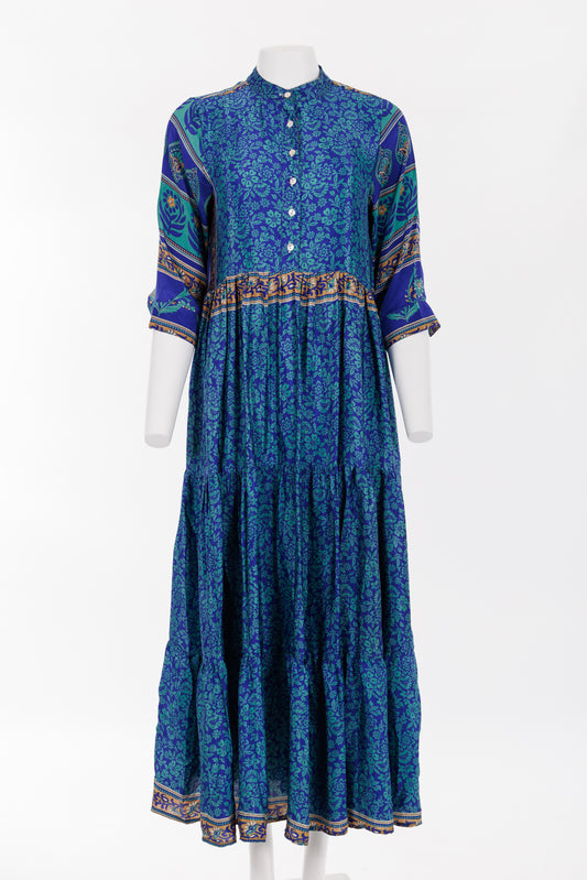 Prairie Round Neck Silk Dress M -  Blue/Green Floral Print 035