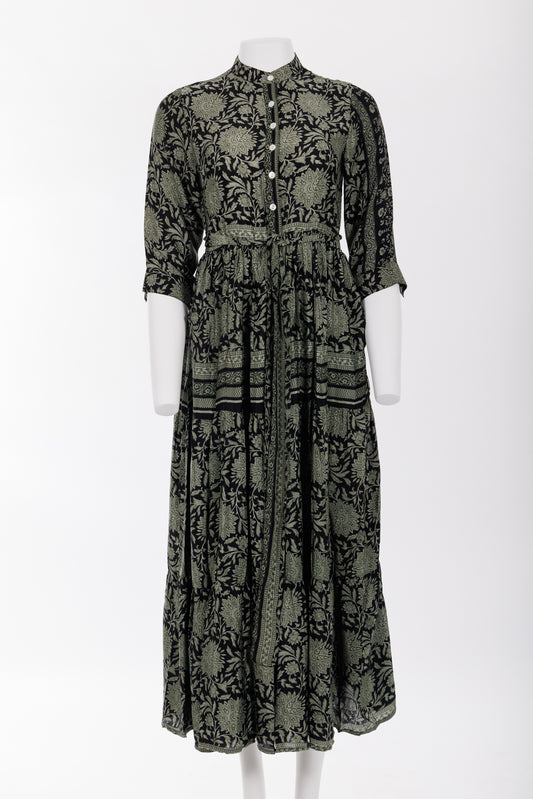 Prairie Round Neck Silk Dress XS - Green/Black Leafy Print 023