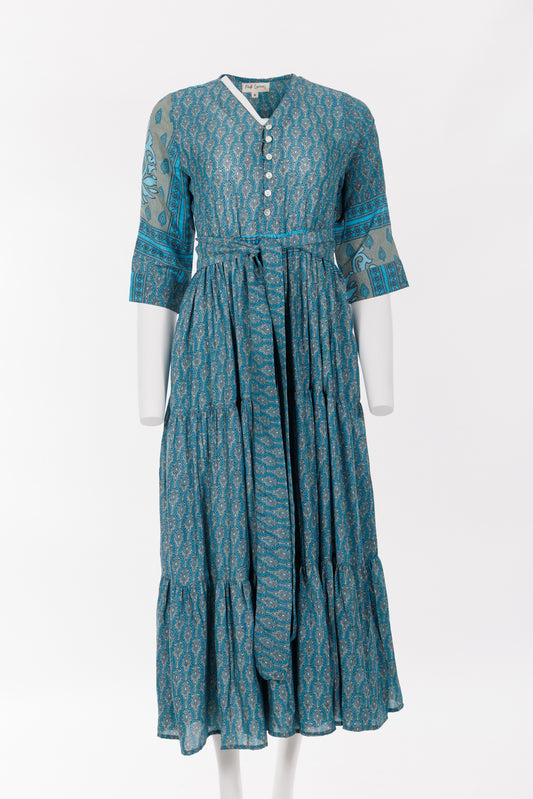Prairie V-neck Silk Dress S - Blue/Grey Print 028