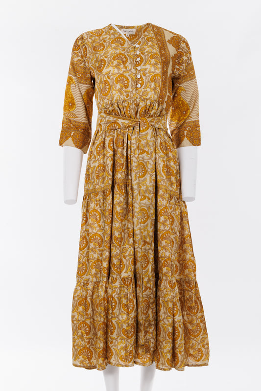 Prairie V-neck Silk Dress S - Gold/Yellow Mix Floral Print 029