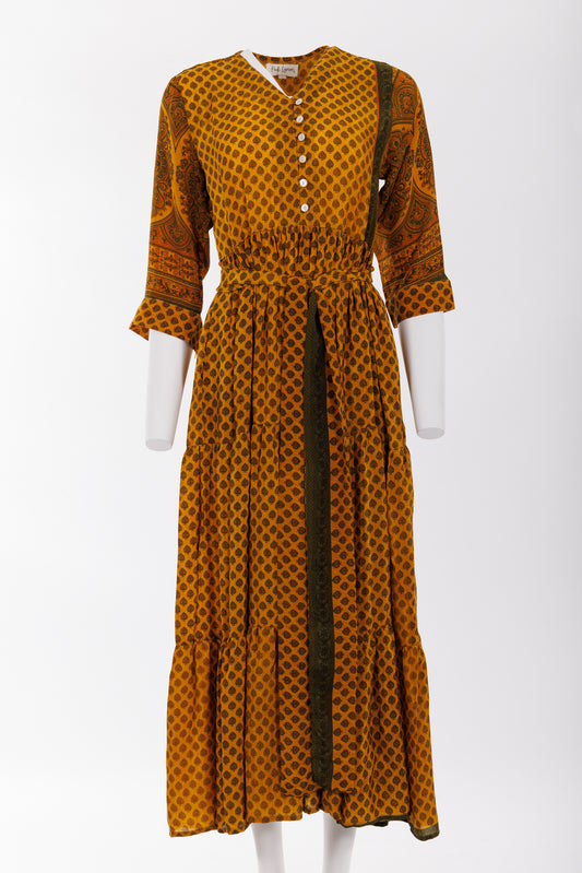 Prairie V-neck Silk Dress S - Yellow Paisley Print 030