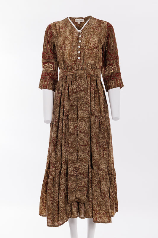 Prairie V-neck Silk Dress S - Khaki/Burgundy Paisley Print 033