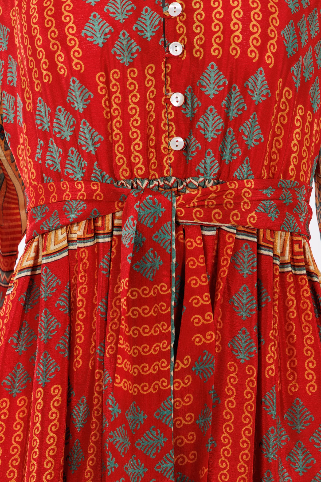Prairie V-neck Silk Dress Red Block Print 036