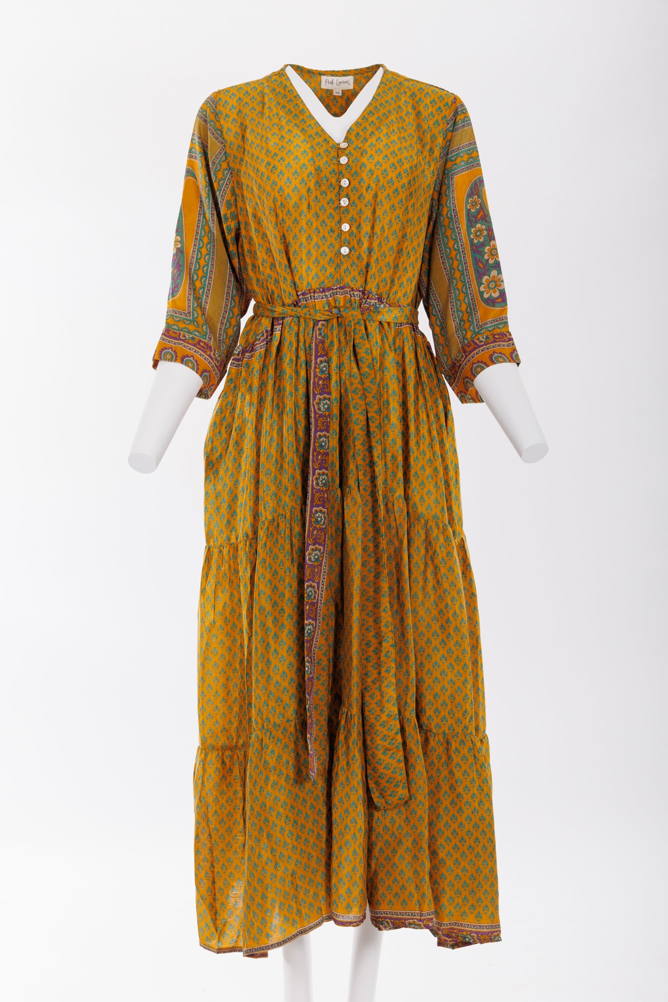 Prairie V-neck Silk Dress XXXL - Yellow/Teal Print 055