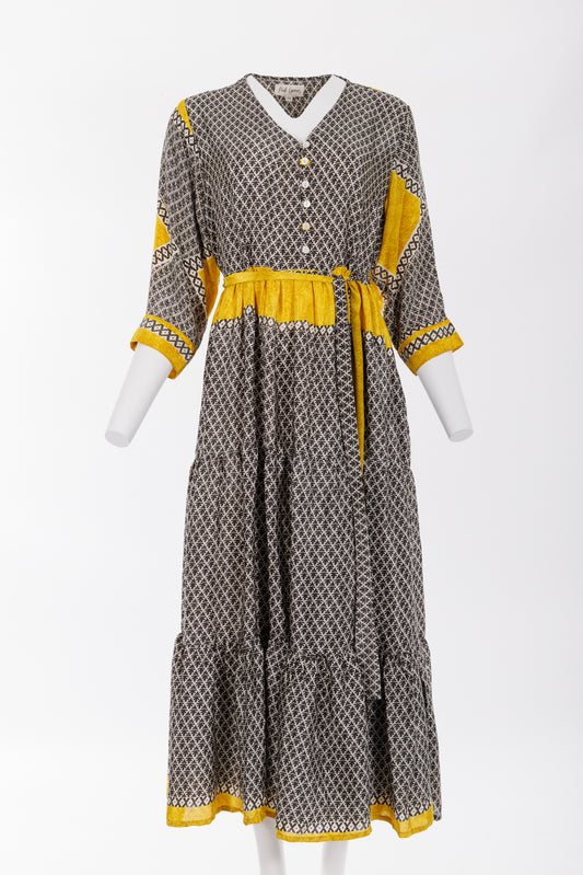 Prairie V-neck Silk Dress Grey/Bright Gold Print 011