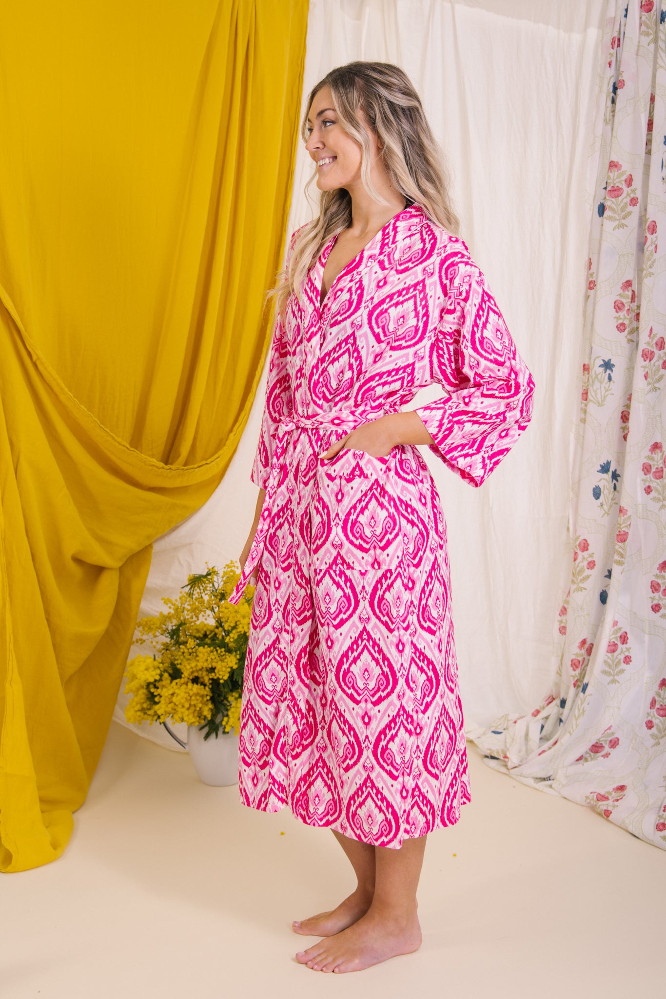 Dressing Gown/Robe - Pink Ikat