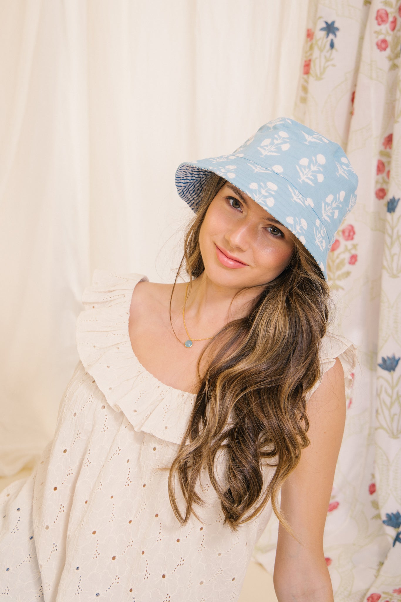 Bucket Hat - Blue Flower Motif