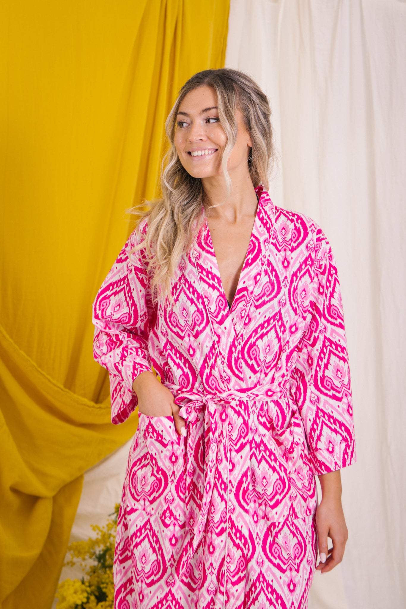 Dressing Gown/Robe - Pink Ikat