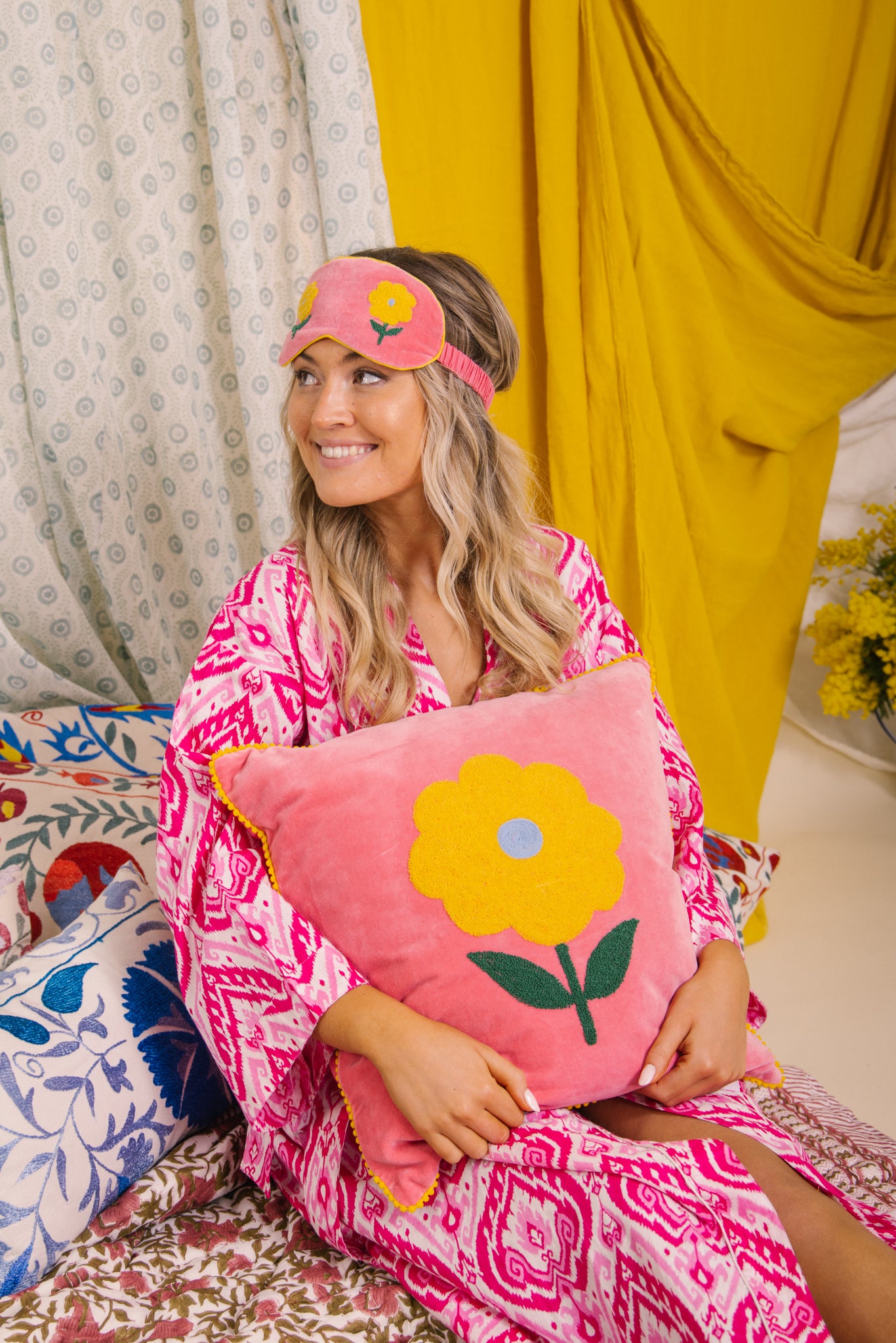 Velvet Flower Eye Mask - Pink & Yellow