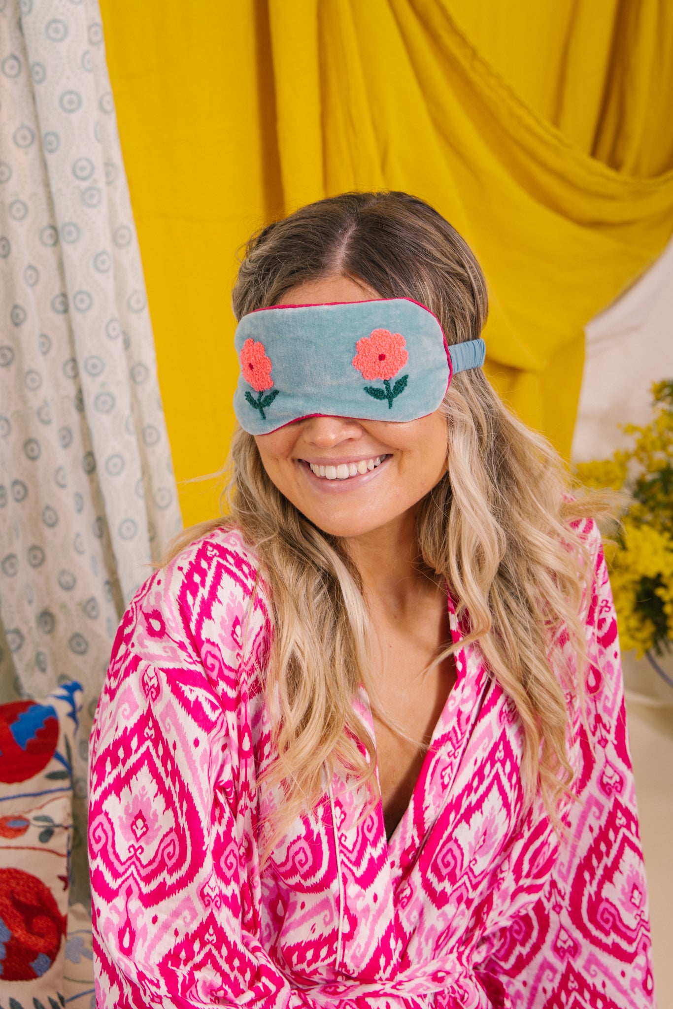 Velvet Flower Eye Mask - Aqua & Pink