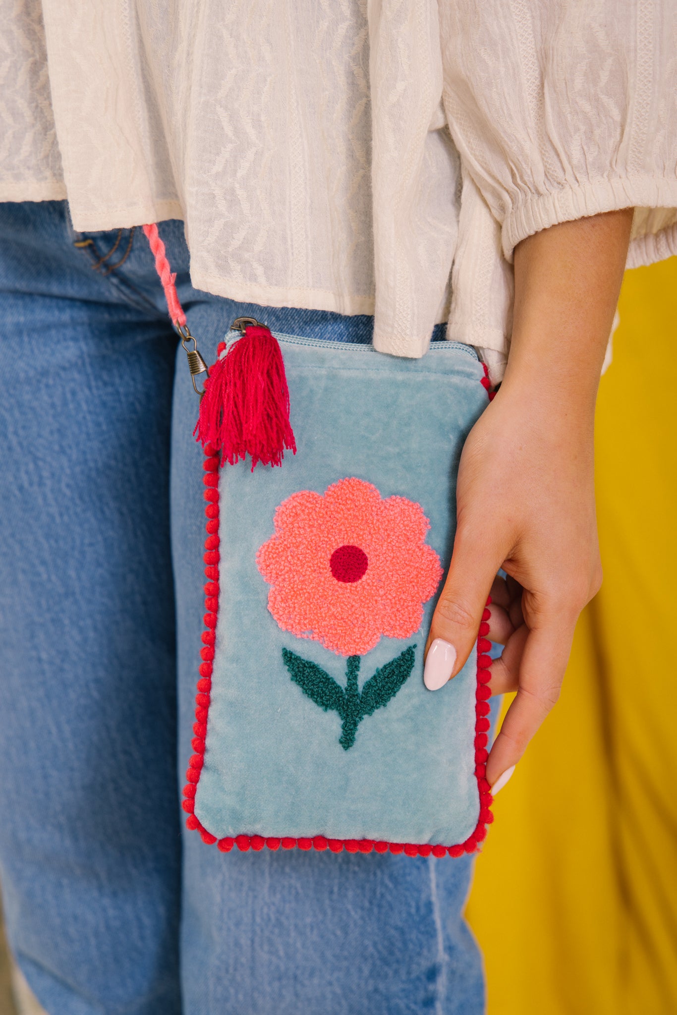 Velvet Flower Phone Pouch - Aqua & Pink