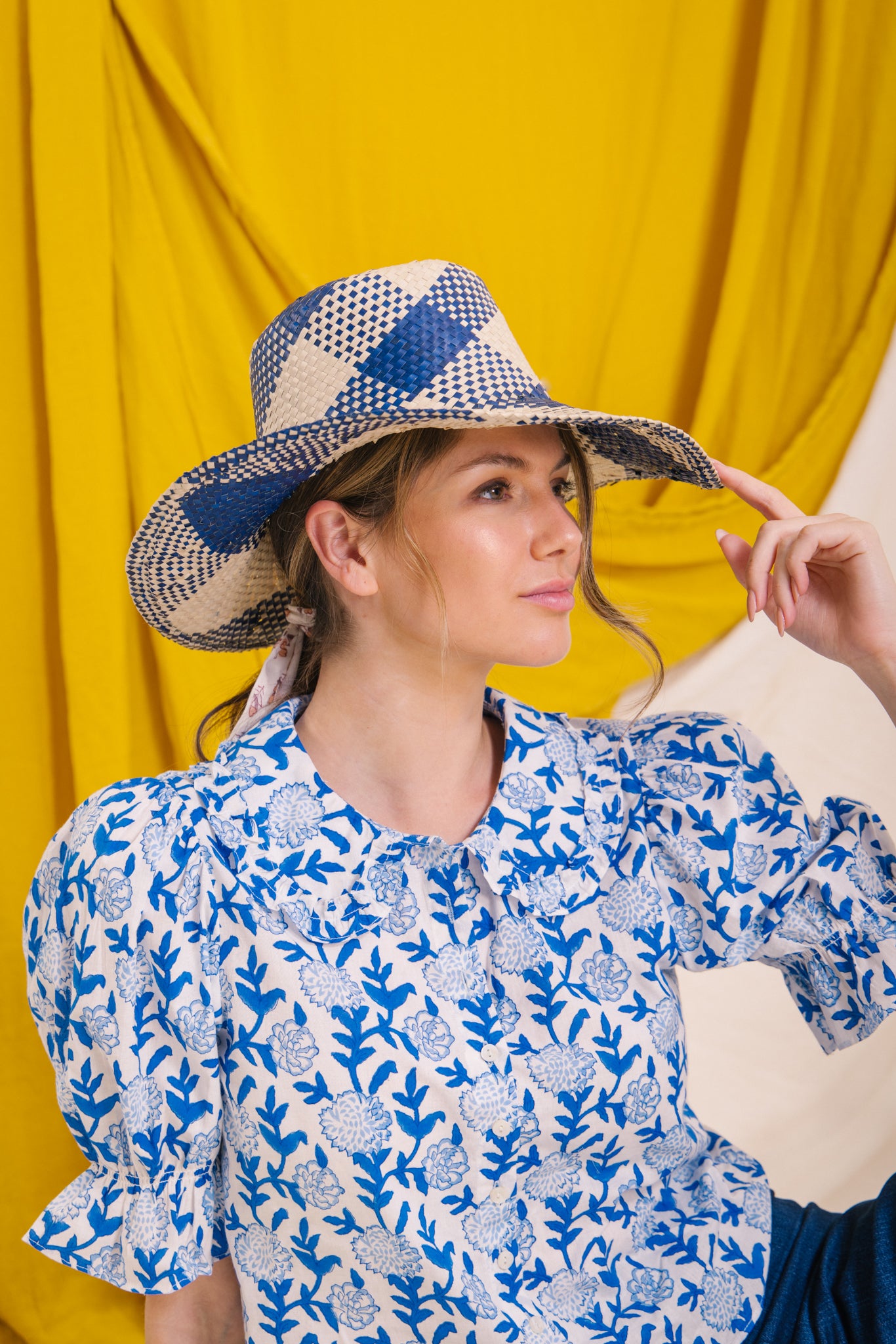 Raffia Sun Hat in Navy/Cream