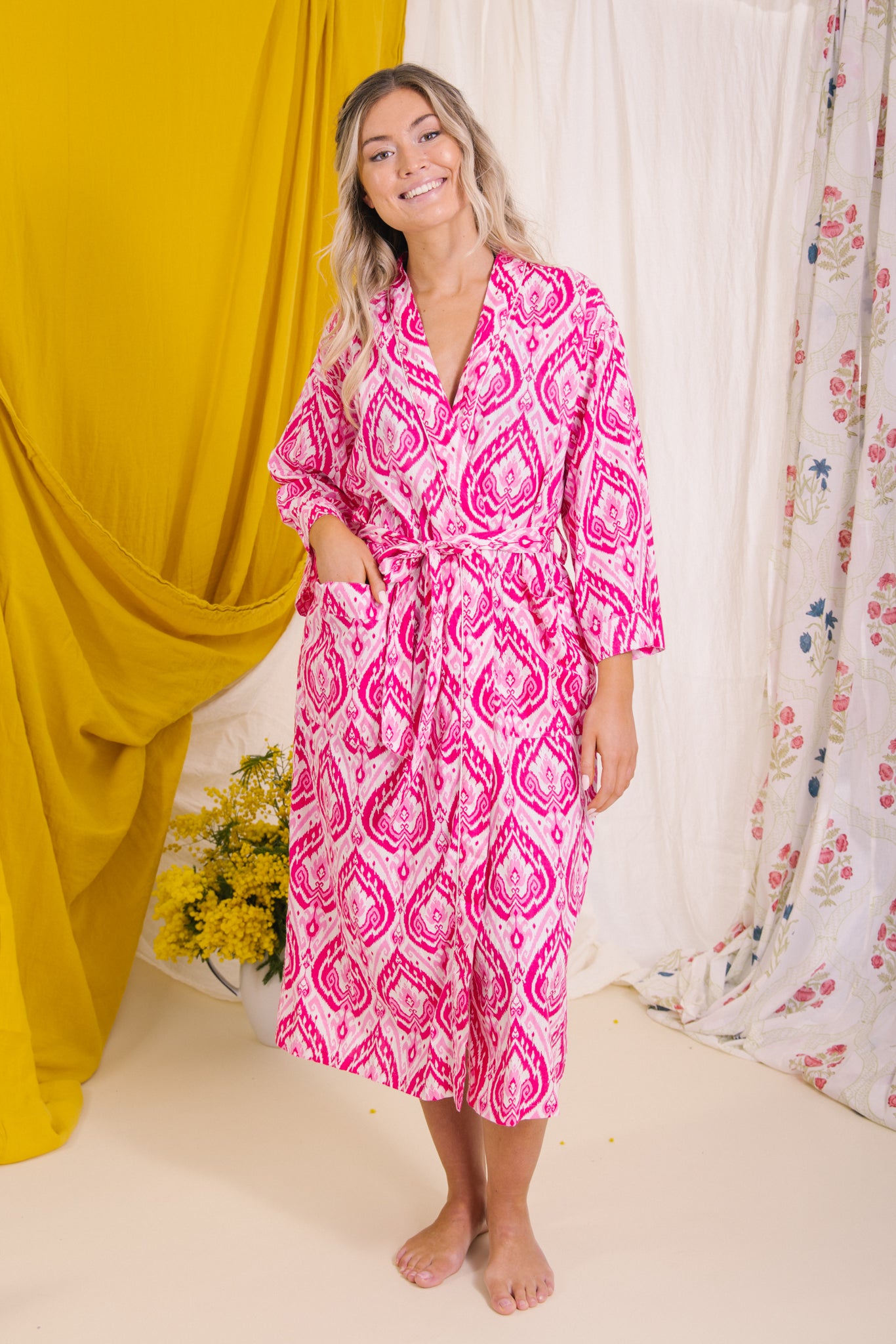 Dressing Gown/Robe - Pink Ikat