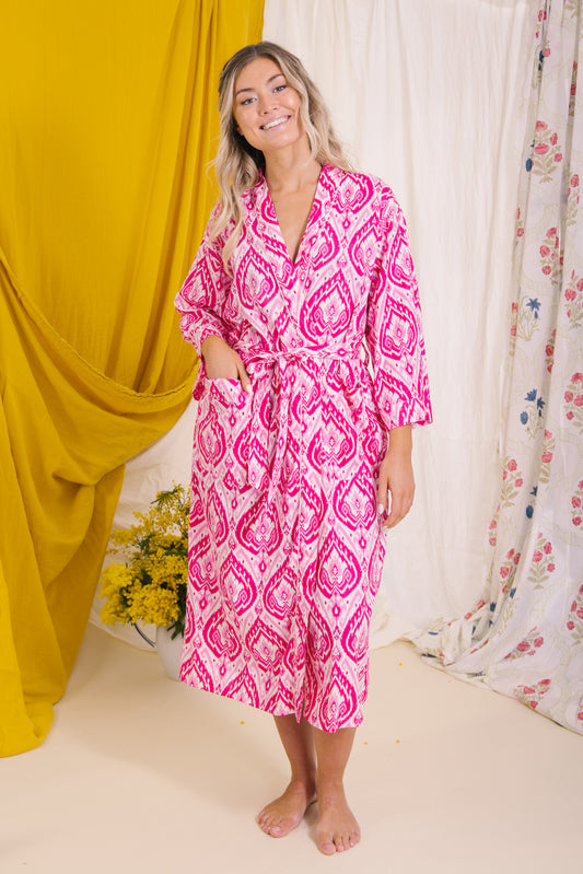 Dressing Gown/Robe - Pink Ikat