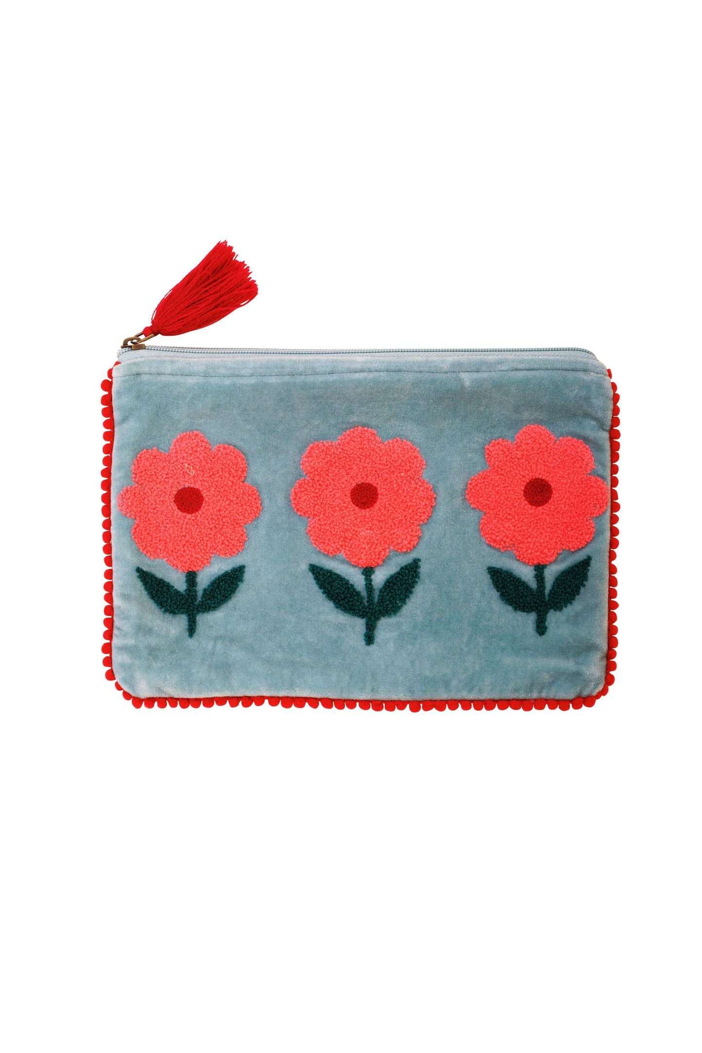 Velvet Triple Flower Pouch in Pink & Aqua