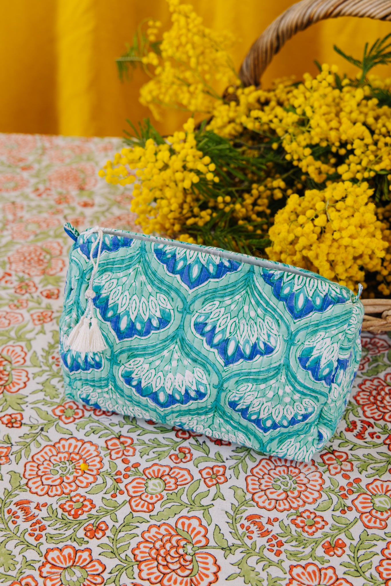 Block Print Wash Bag - Aqua Art Deco