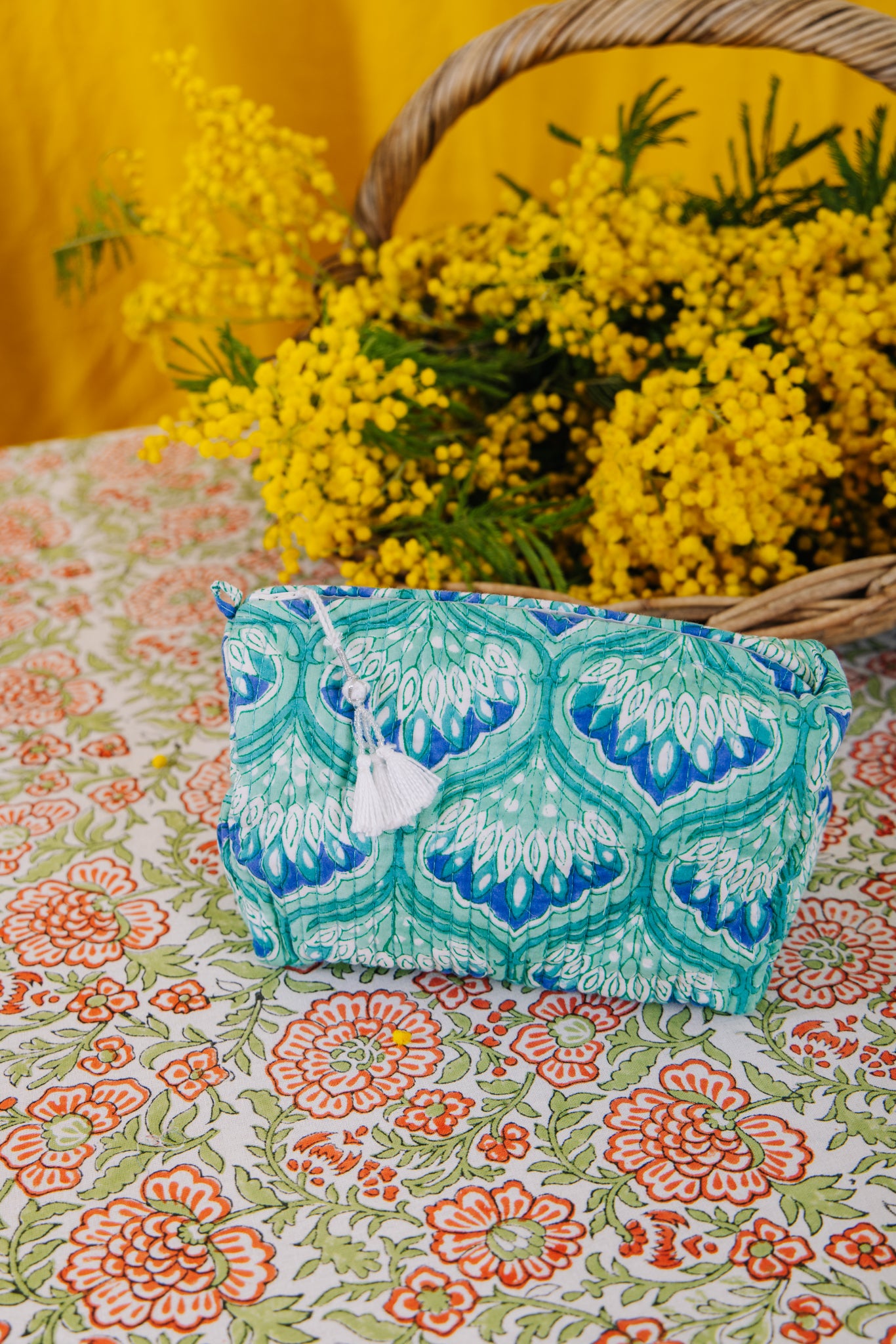 Block Print Wash Bag - Aqua Art Deco