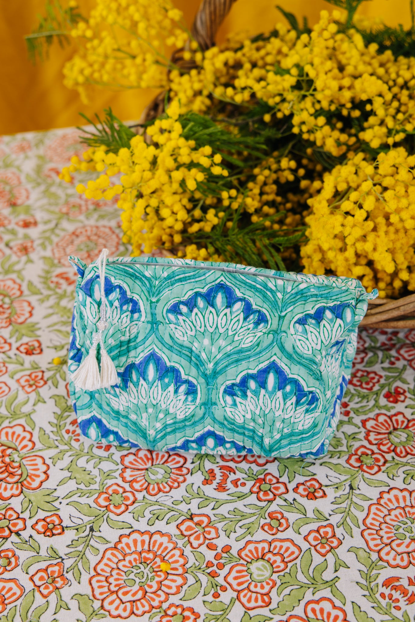 Block Print Wash Bag - Aqua Art Deco