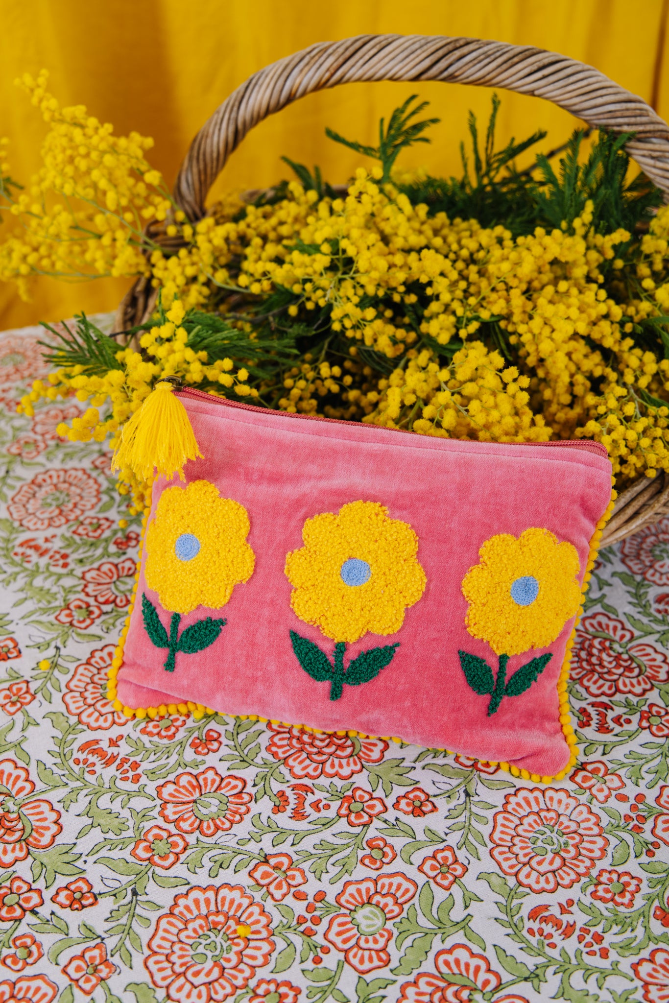 Velvet Triple Flower Pouch in Pink & Yellow