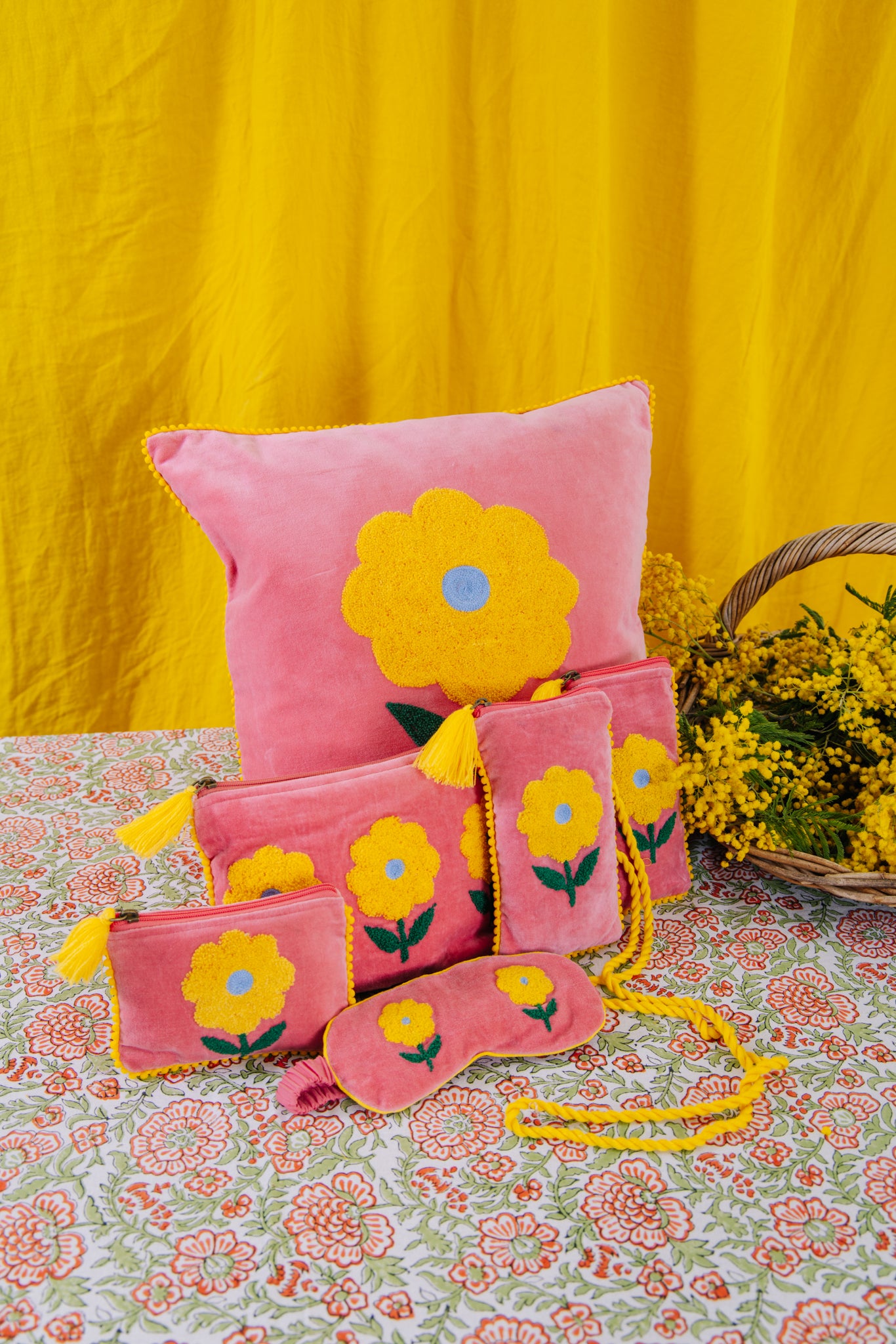 Velvet Triple Flower Pouch in Pink & Yellow