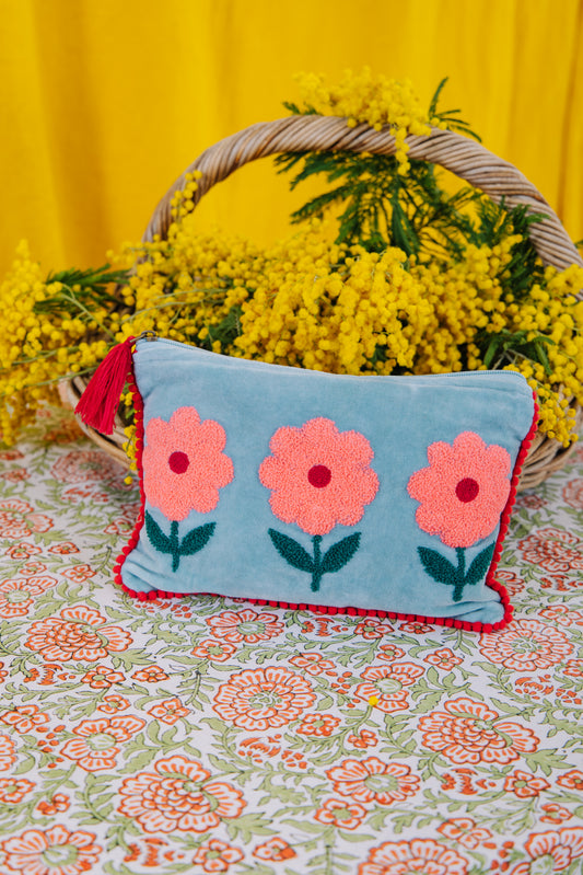 Velvet Triple Flower Pouch in Pink & Aqua (AVAILABLE FOR PREORDER)