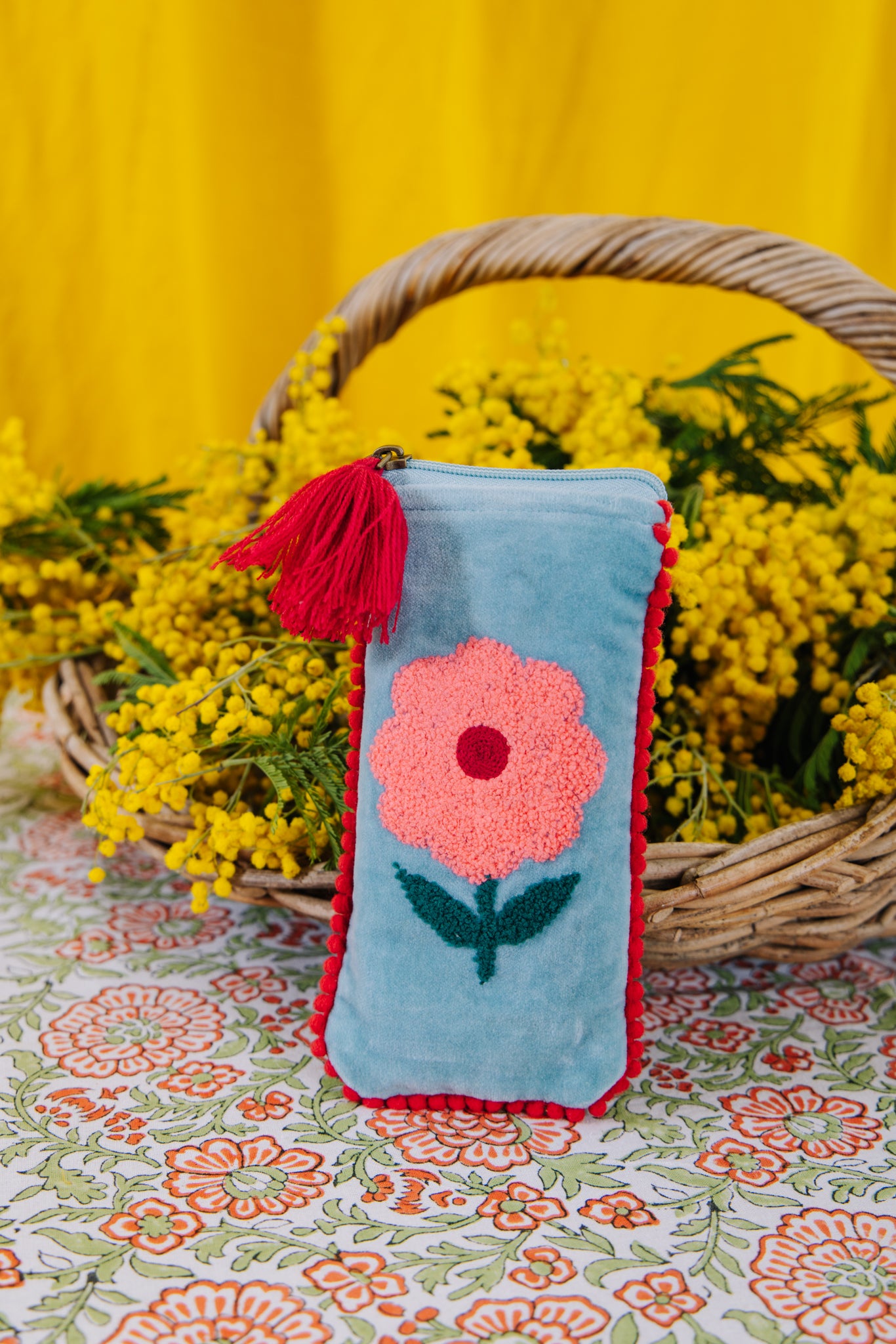 Velvet Flower Glasses Pouch - Aqua & Pink