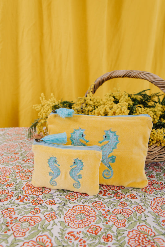 Velvet Seahorse Pouch in Yellow & Turquoise ( AVAILABLE FOR PREORDER )