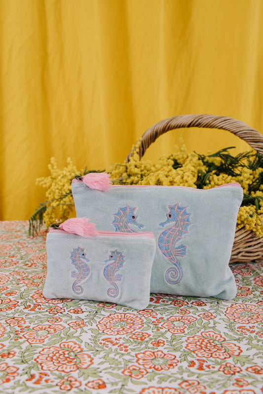Velvet Seahorse Pouch in Pink & Aqua (AVAILABLE FOR PREORDER)
