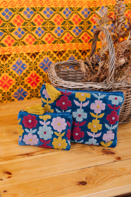 Velvet Multiflowered Pouch in Navy