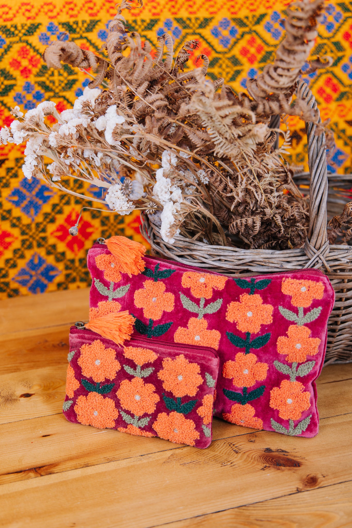 Velvet Multiflowered Pouch in Burgundy