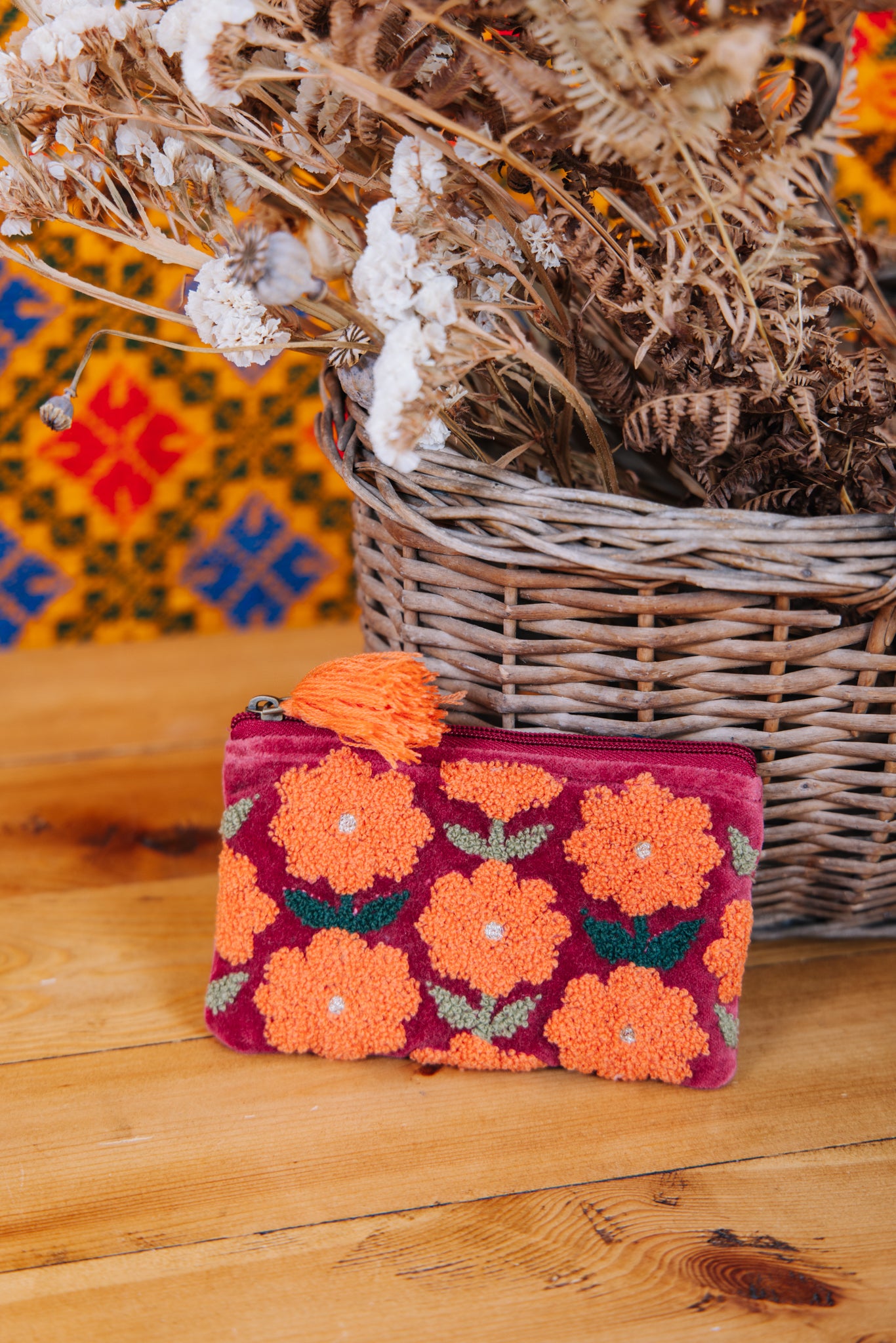 Velvet Multiflowered Pouch in Burgundy