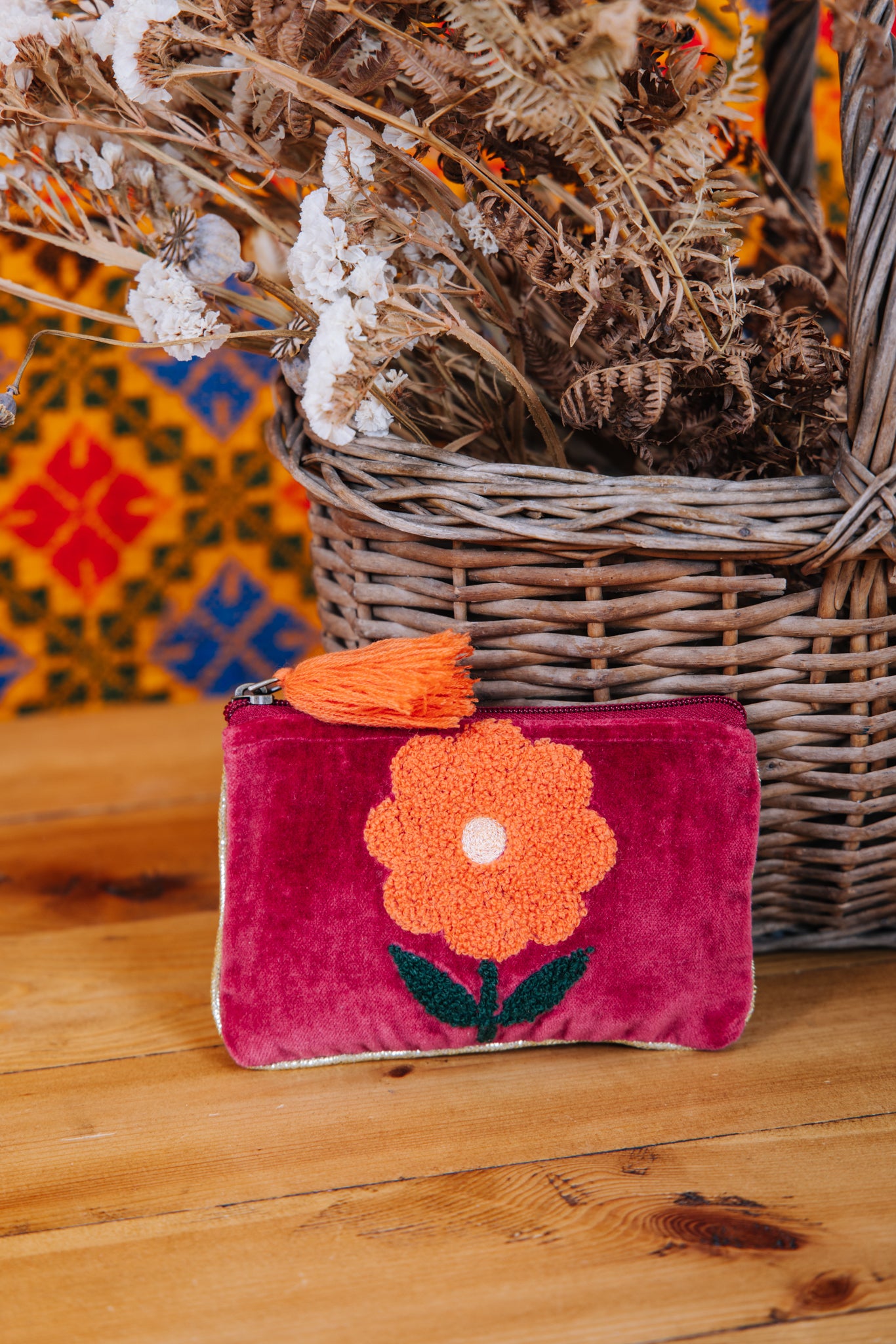 Velvet Single Flower Pouch in Burgundy