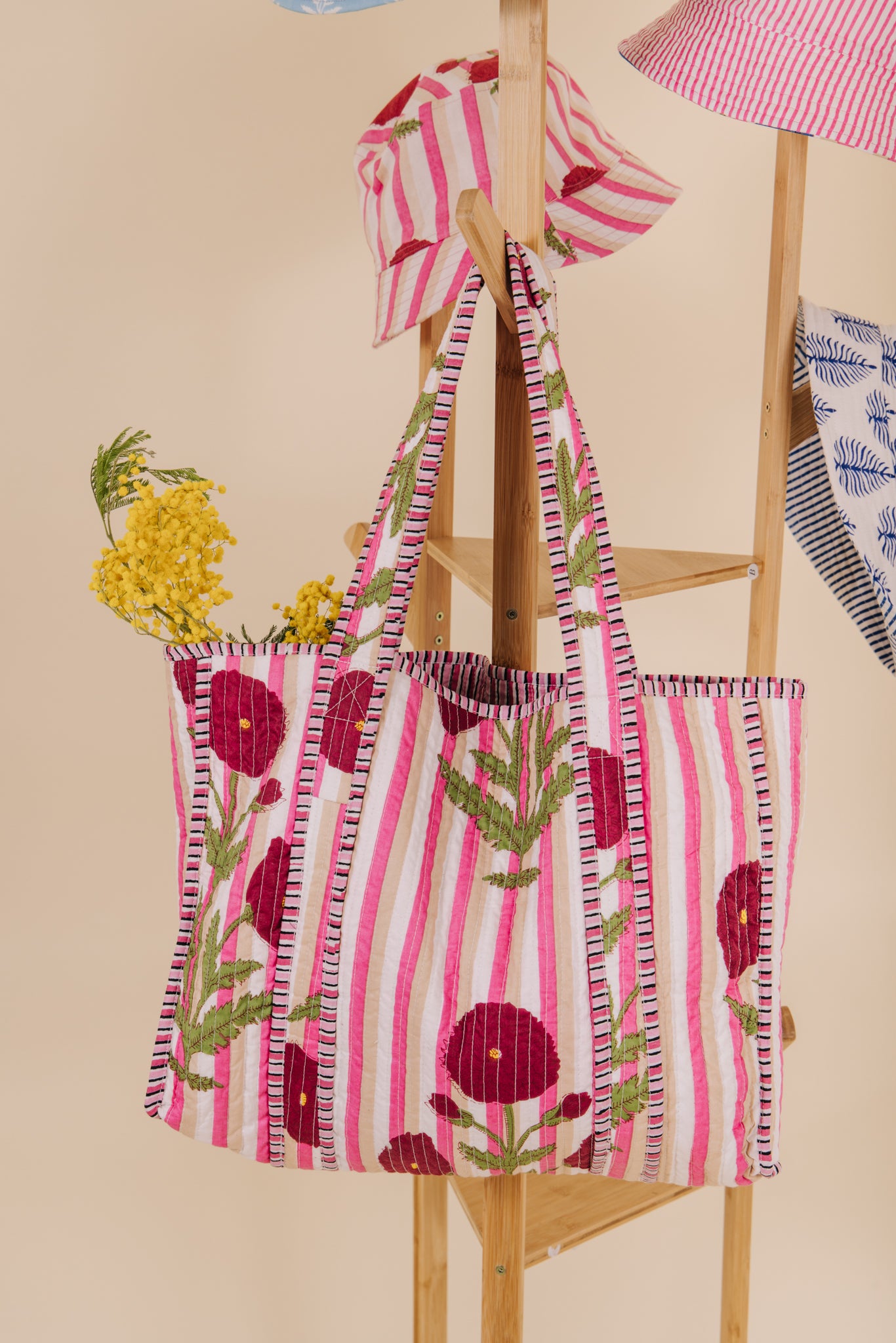 Quilted Tote Bag - Pink Poppy Stripe