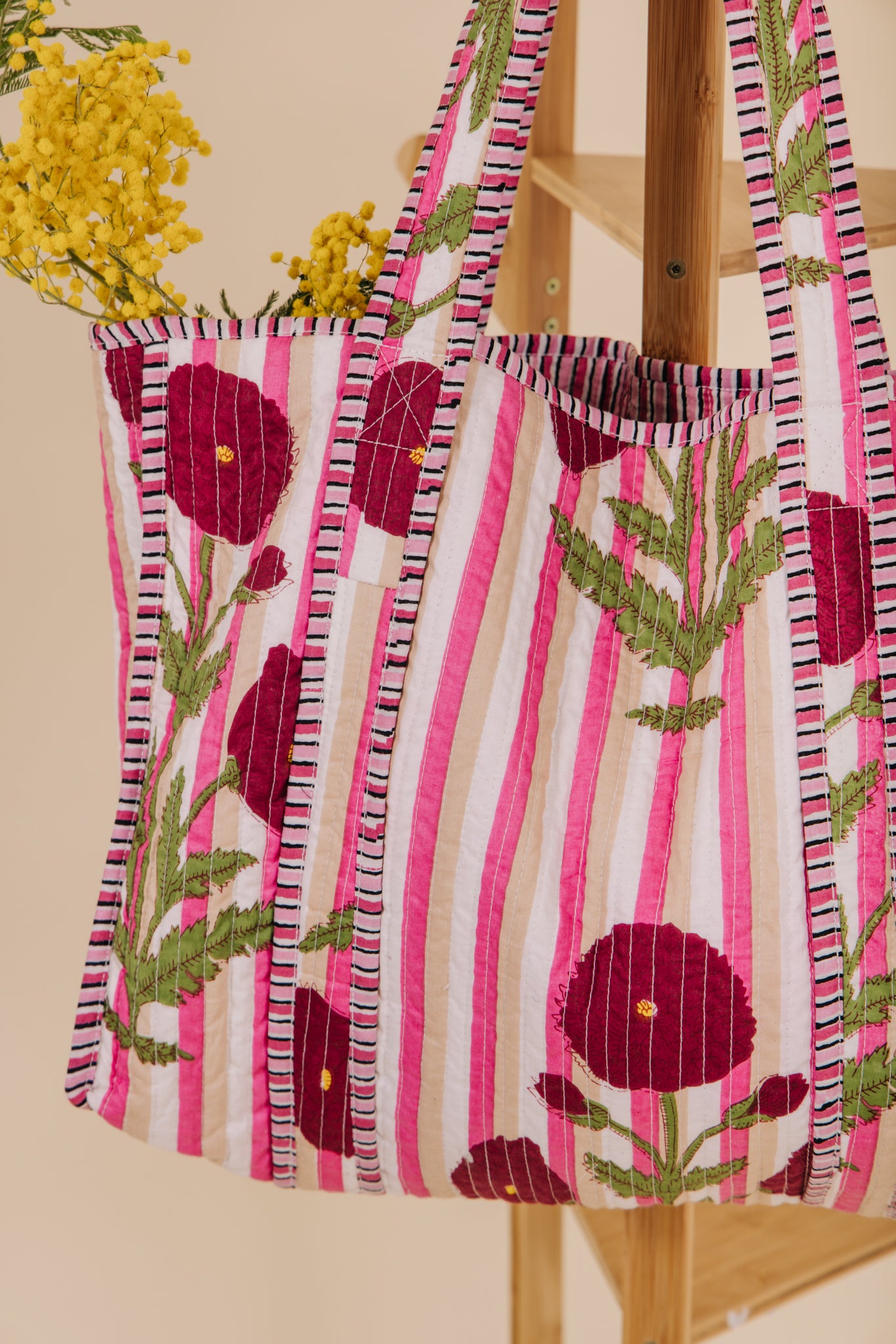 Quilted Tote Bag - Pink Poppy Stripe