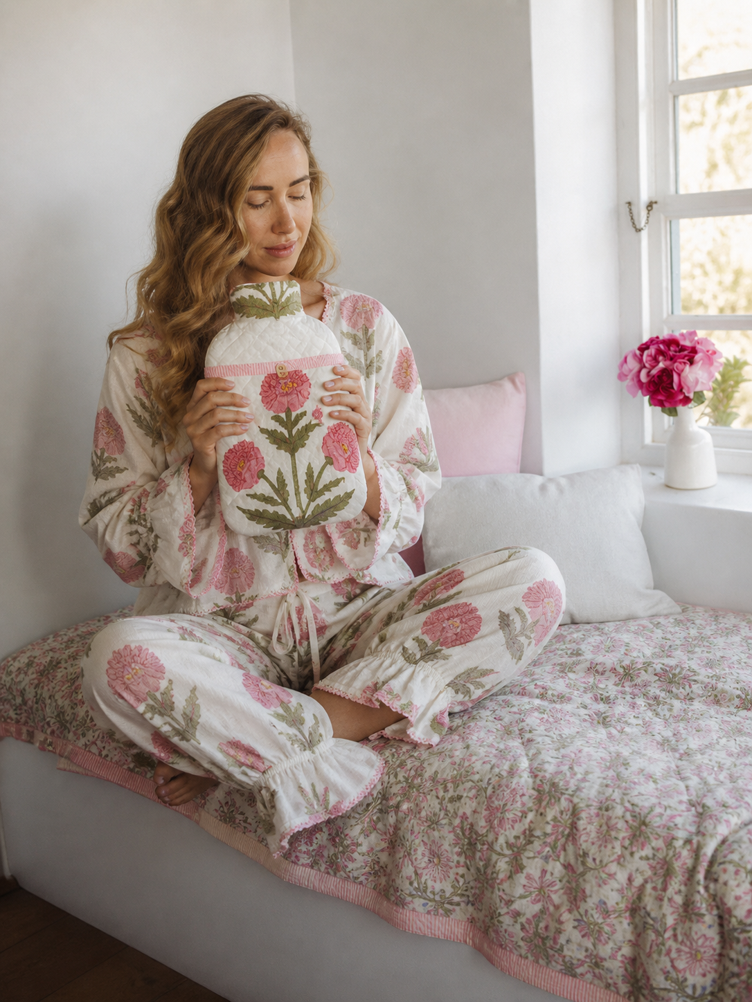 Hot Water Bottle Cover - Pink Poppy
