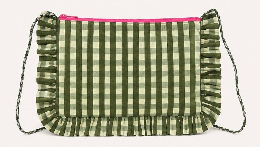 Ruffle Pouch/Bag  - Olive Gingham