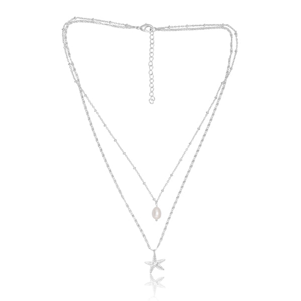 Star Fish & Pearl Charm Necklace - Silver