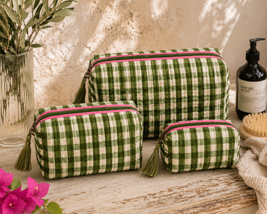 Wash Bag -  Olive Gingham