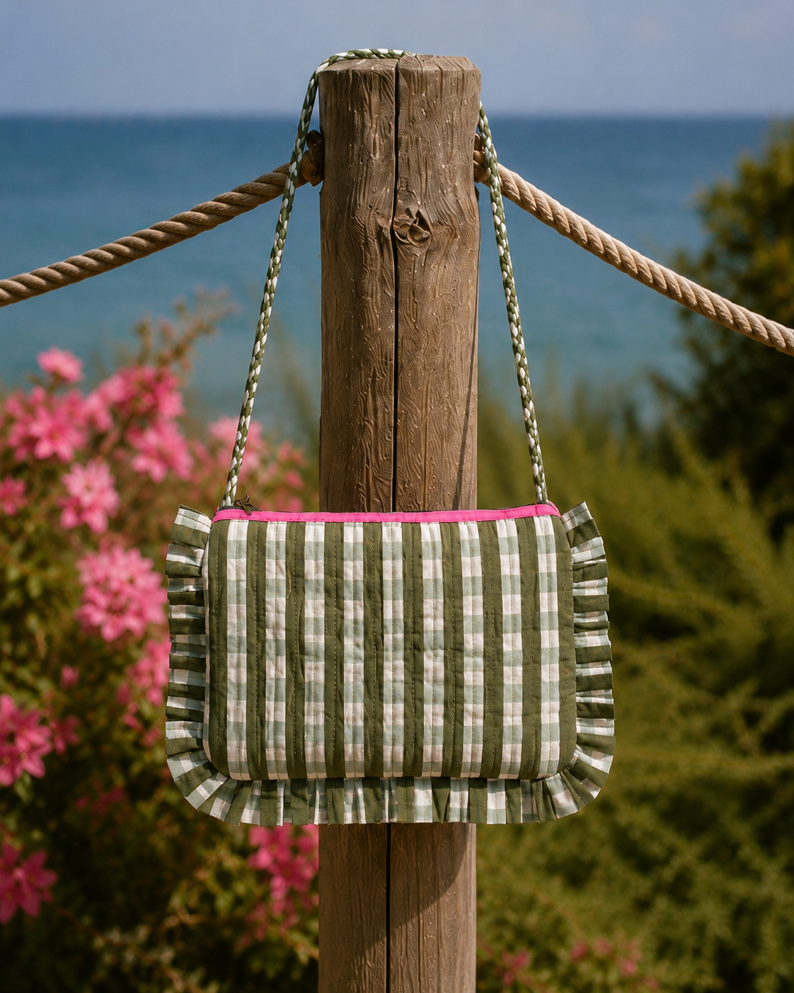 Ruffle Pouch/Bag  - Olive Gingham
