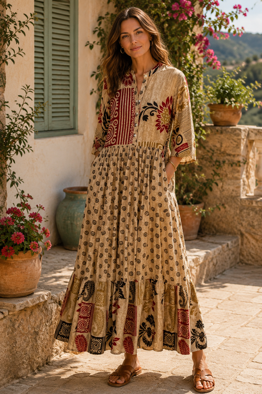 Prairie Round Neck Silk Dress S  - 031