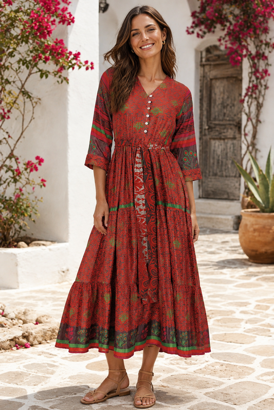 Prairie V-neck Silk Dress XS - Red/Grey Print 026