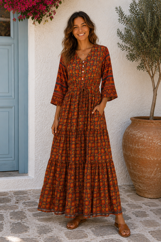 Prairie V-neck Silk Dress M - Grey/Orange Floral Print 034