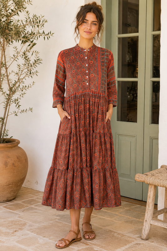 Prairie Round Neck Silk Dress S  - 021