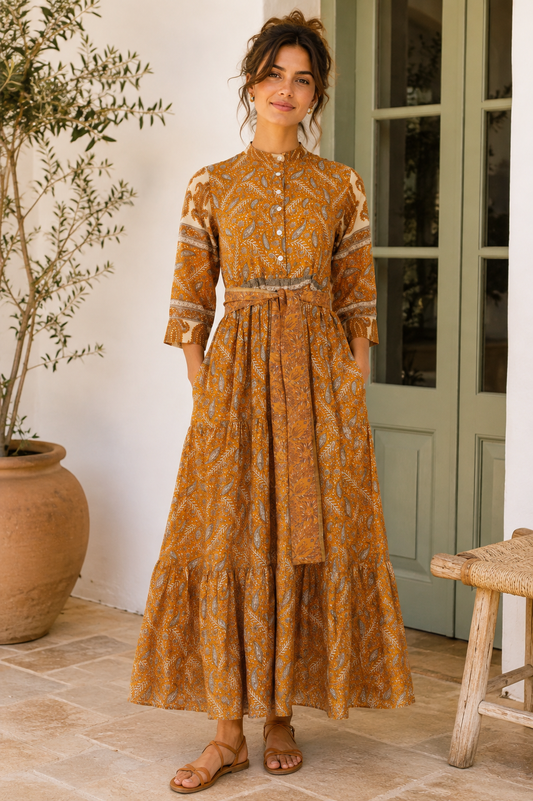 Prairie Round Neck Silk Dress Mustard Paisley Print  S - 025