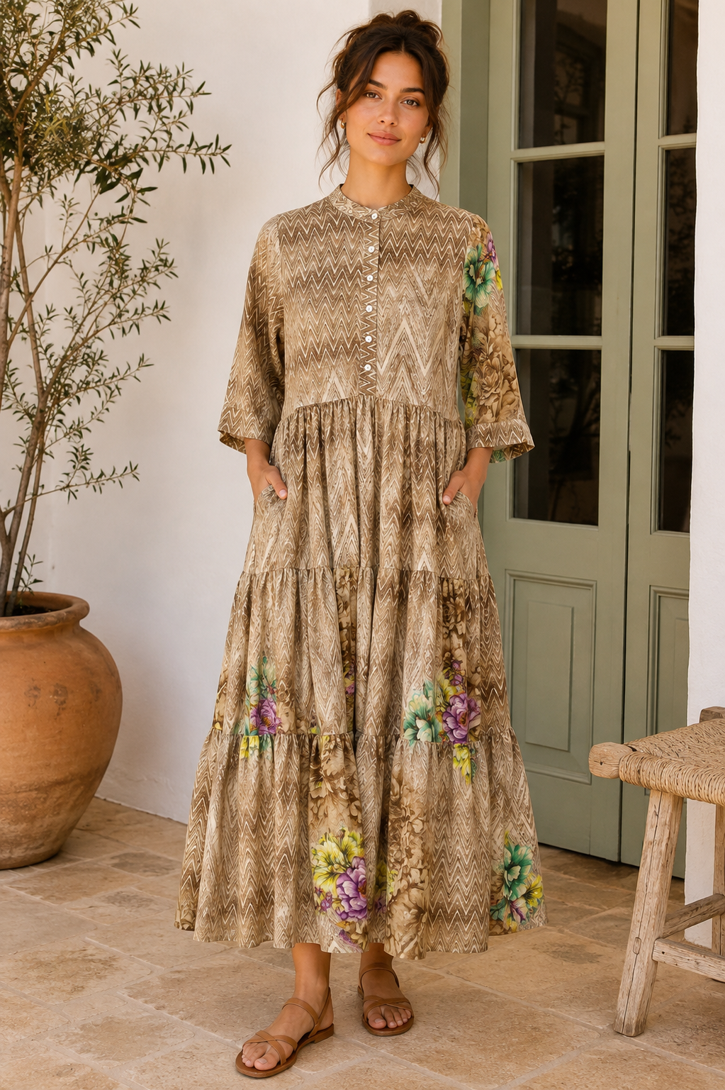 Prairie Round Neck Silk Dress S  - 030
