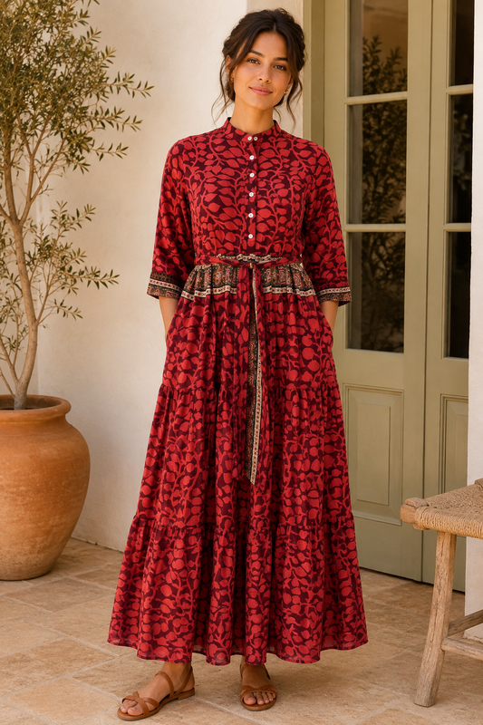 Prairie Round Neck Silk Dress XS - Red Leafy Print 022